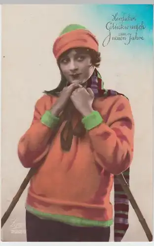 (4728) AK Neujahr, junge Frau, Skistöcke, nachkoloriert 1931
