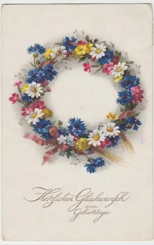 (3608) AK Geburtstag, Blumenkranz, Kornblume, Margerite 1924