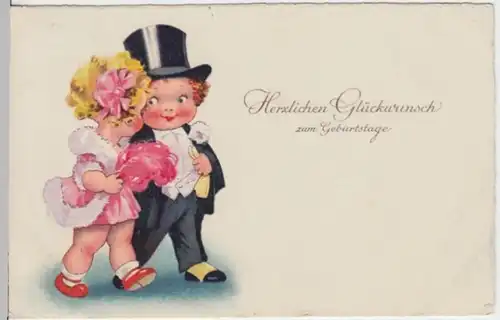 (3599) AK Geburtstag, Pärchen, Straußenfeder, Zylinder 1933