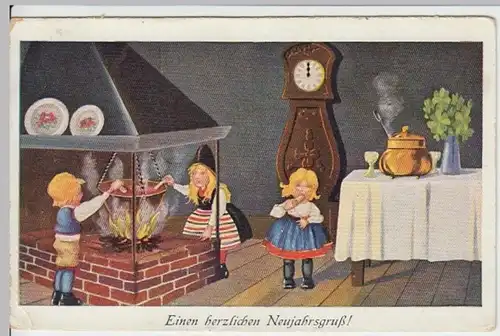 (3576) AK Neujahr, Wichtel, Klee, Herd, Kochen, Standuhr 1926