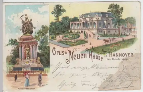 (3388) AK Hannover, Gruß vom Neuen Haus, Kriegerdenkmal, Litho 1899