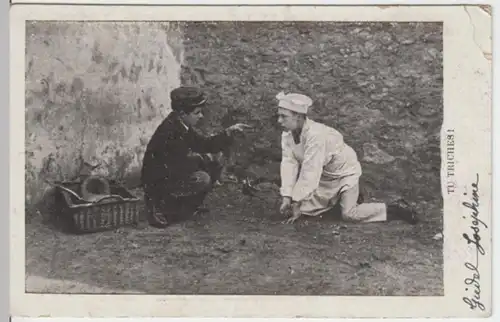 (2367) AK Sprüche, Tu triches! Sie betrügen! Zwei Jungen, um 1905