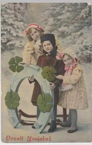 (2311) AK Neujahr, Kinder, Hufeisen, Schlitten, Klee 1915