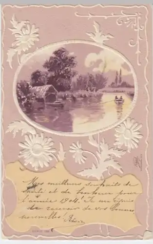 (2304) Künstler AK Boot auf See, Bootshaus, Prägekarte 1903
