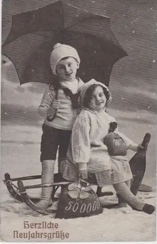 (2297) AK Neujahr, Kinder, Schlitten, Geldsäcke, Schirm 1918