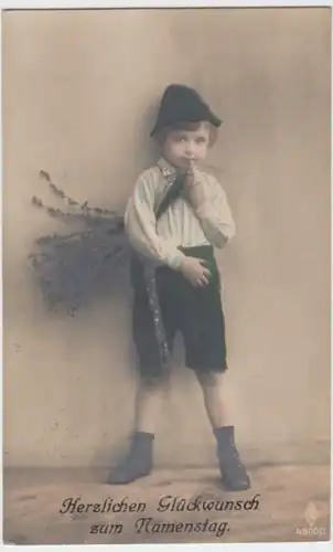 (2252) Foto AK Namenstag, Junge mit Weidenkätzchen 1921