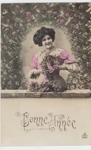 (2241) AK Neujahr, junge Frau mit Rosen 1912