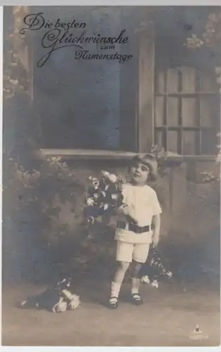 (2238) Foto AK Namenstag, Kind mit Blumen 1921