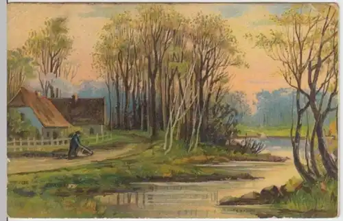 (2192) Künstler AK Häuser am Wasser, Mann mit Schubkarre 1910