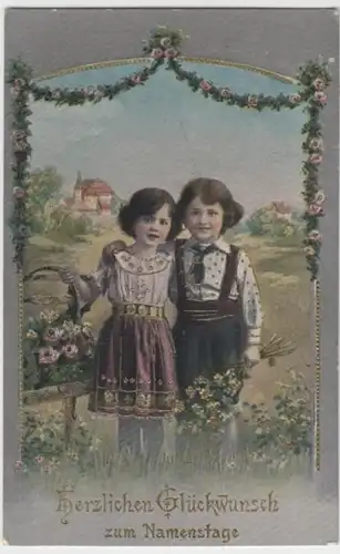 (2158) AK Namenstag, Mädchen mit Blumen 1917