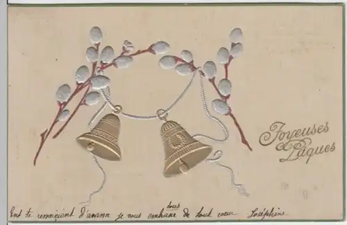 (2139) AK Ostern, Glocken, Weidenkätzchen, Prägekarte 1907