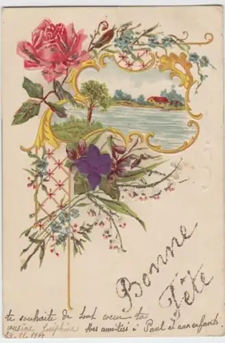 (2138) AK Geburtstag, Bonne Fete, Rose, Veilchen, Prägekarte 1904