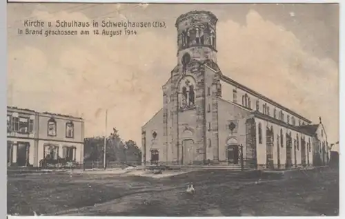 (2061) AK Schweighausen im Elsass, Kirche, Schulhaus 1914