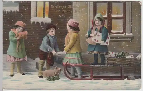 (2019) AK Neujahr, Kinder, Schlitten, Schwein 1913