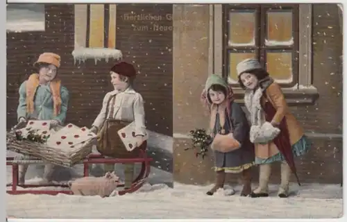 (2016) AK Neujahr, Kinder, Schlitten, Schwein 1914