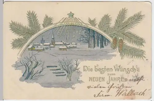 (2013) AK Neujahr, verschneite Häuser, Tannenzweige, Prägekarte 1904