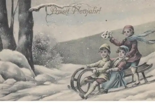 (1940) AK Neujahr, Kinder mit Brief auf Schlitten 1915