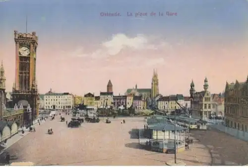 (1848) AK Ostende, Oostende, Belgien, Bahnhofsplatz, vor 1945