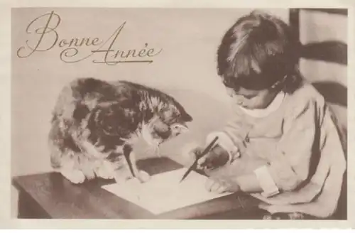 (1843) AK Neujahr, Kind mit Katze 1944