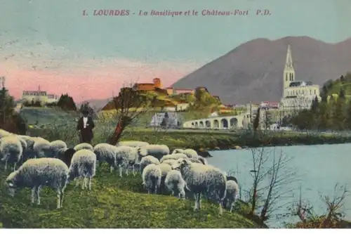 (1839) AK Lourdes, Basilika, Chateau-Fort 1938