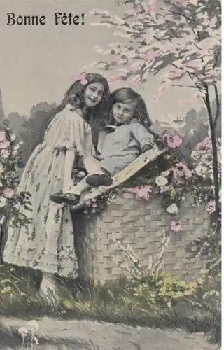 (1702) AK Glückwunsch, Bonne Fete, Kinder, Korb, Blumen 1908