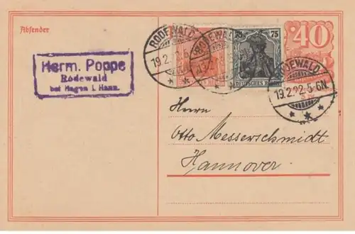 (1209) Postkarte Ganzsache DR Rodewald 1922, Stempel Hermann Poppe
