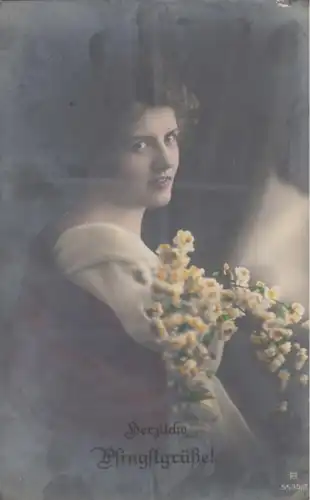(1288) AK Pfingsten, junge Frau mit Blütenzweigen, vor 1945
