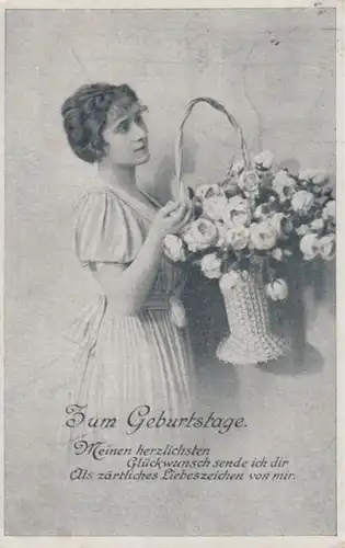 (1287) AK Geburtstag, junge Frau mit Rosenkorb 1920