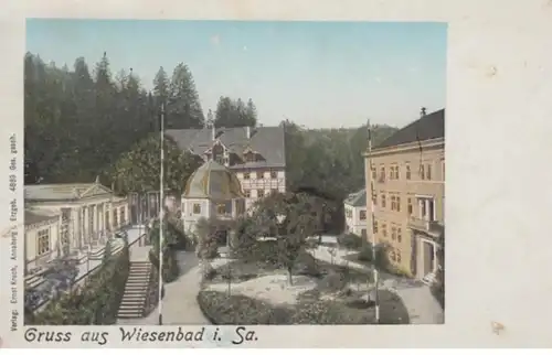 (1236) AK Wiesenbad, Ortsansicht, Fenster im Golddruck, bis 1905