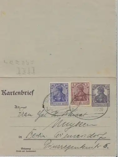 (334) Kartenbrief Ganzsache mit Zusatzfrankatur DR 1920
