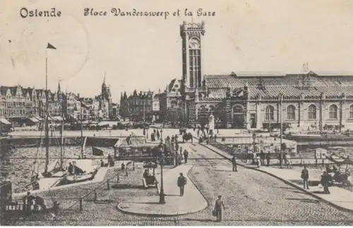 (212) AK Ostende, Belgien, Bahnhof, Vanderzweep Platz, Feldpost 1915