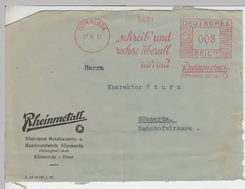 (B1423) Bedarfsbrief DR, Freistempel Sömmerda "Rheinmetall" 1933