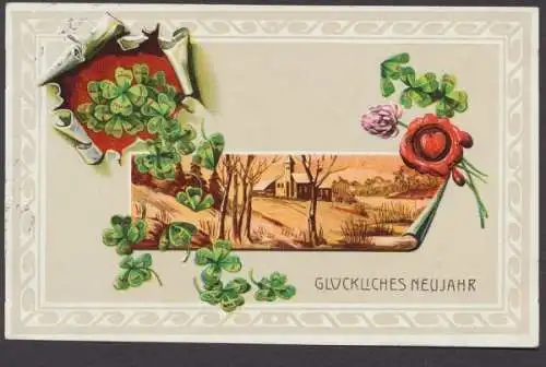 Glückliches Neujahr, Winterlandschaft und Glücksklee - 403410