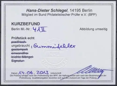 Berlin, MiNr. 41 PLF II, ungebraucht, BPP Kurzbefund - 72576