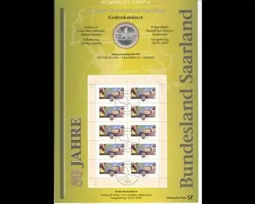 BRD, Numisblatt 1/2007, 50 Jahre Bundesland Saarland - 1/2007