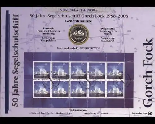 BRD, Numisblatt 4/2008, Segelschulschiff Gorch Fock - 4/2008