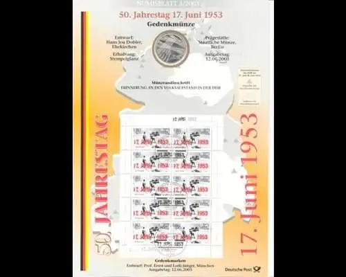 BRD, Numisblatt 3/2003, 50. Jahrestag 17. Juni 1953 - 3/2003