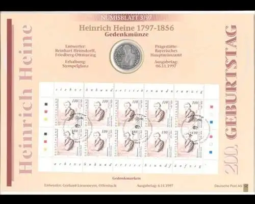 BRD Numisblatt 3/1997, Heinrich Heine ohne Runen - 3/1997