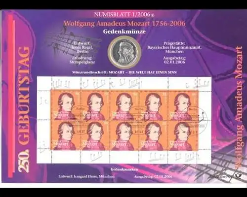 BRD, Numisblatt 1/2006, Wolfgang Amadeus Mozart - 1/2006