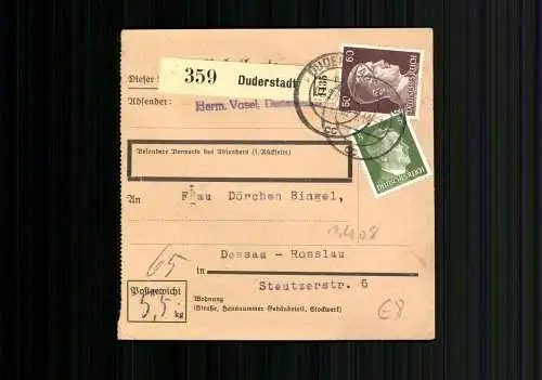 Deutsches Reich, Paketkarte von Duderstadt nach Dessau - 510265