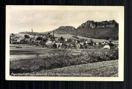 Papstdorf, Sächs. Schweiz, Ortsansicht mit Gohrisch u. Fels Papststein - 418075