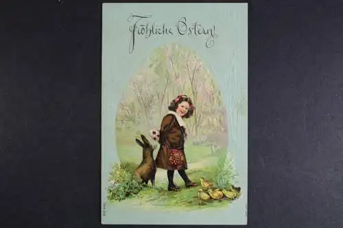 Fröhliche Ostern, Mädchen mit Osterei, Hase, Küken, Prägekarte - 418951