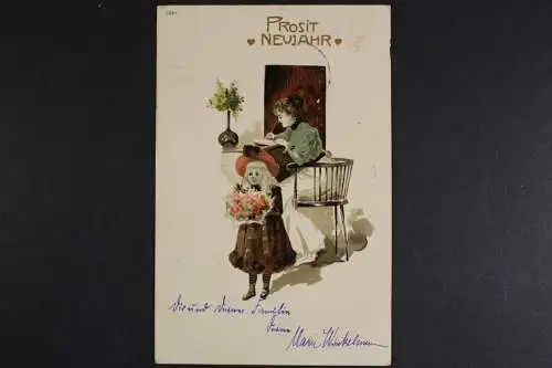 Prosit Neujahr, junge schreibende Frau, Mädchen mit Blumen, Prägekarte - 418952