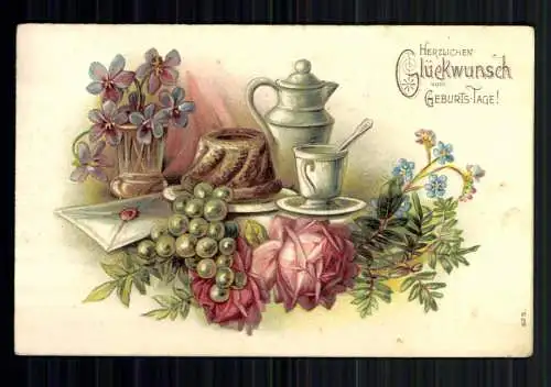 Glückwunsch zum Geburtstag, Kaffeegedeck, Kuchen, Brief, Prägekarte - 418834