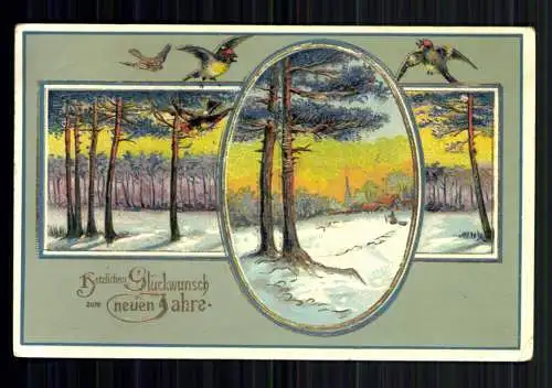 Neujahrsgruß, Winterlandschaft und Vögel, Prägekarte - 418826