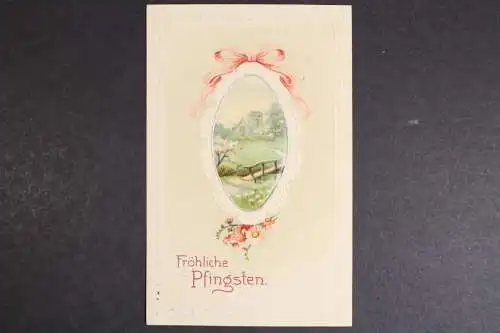 Fröhliche Pfingsten, Landschaftsbild in ovalen Rahmen, Prägekarte - 419764