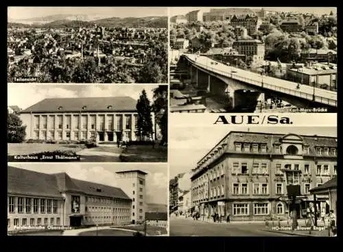 Aue/Sa., Teilansicht, Brücke, Kulturhaus, Oberschule, Hotel Blauer Engel - 420013