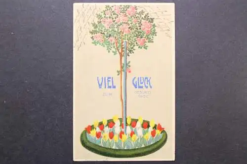 Viel Glück zum Geburtstage, Rosenstock, Tulpen, Prägekarte - 420791