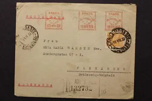 Brasilien, R-Brief 1938 mit Freistempler & Marke nach Flensburg - 511907