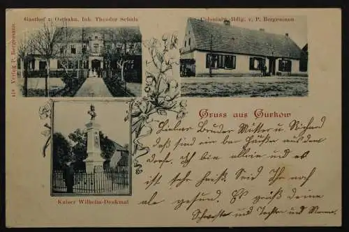 Gurkow in Westpommern, Gasthof z. Ostbahn, Colonialwaren, Denkmal - 422729